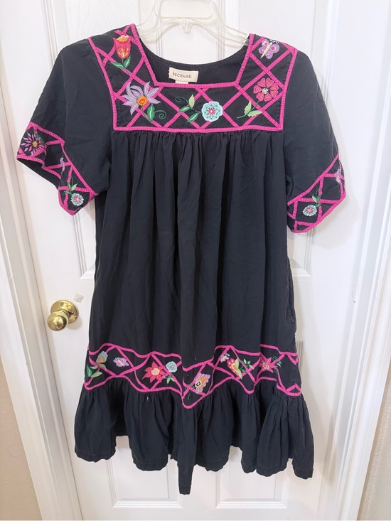Bechamel Dresses & Skirts - Bechamel Black Midi House Dress with Hot Pink Floral Embroidery